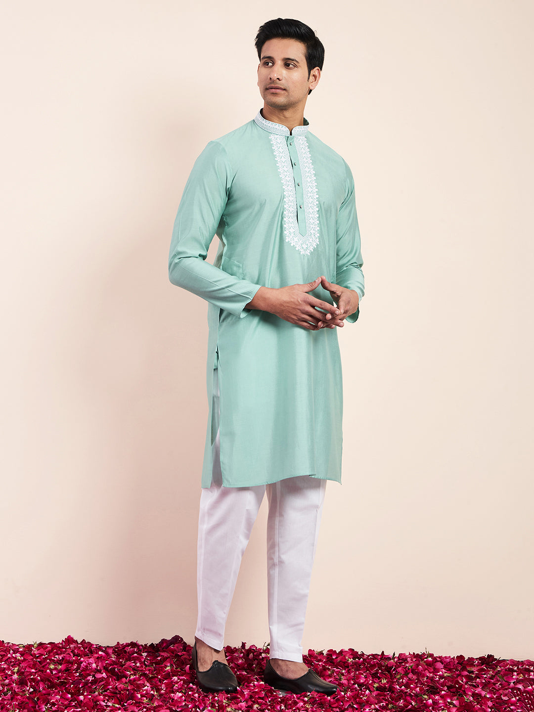 Sea Green Yoke Chikankari Men's Kurta