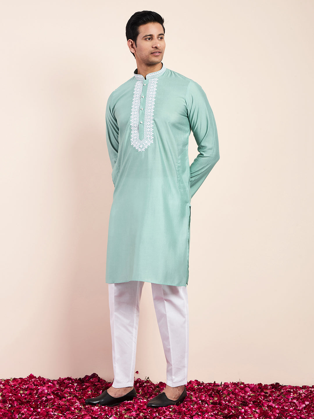 Sea Green Yoke Chikankari Men's Kurta
