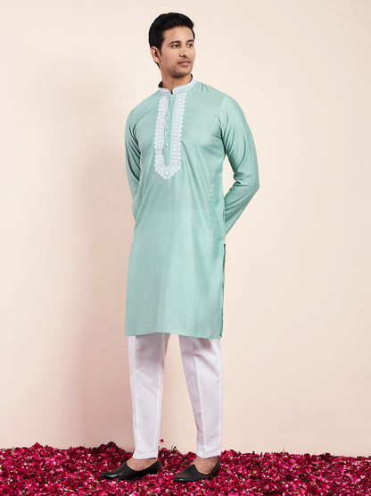 Sea Green Yoke Chikankari Men's Kurta