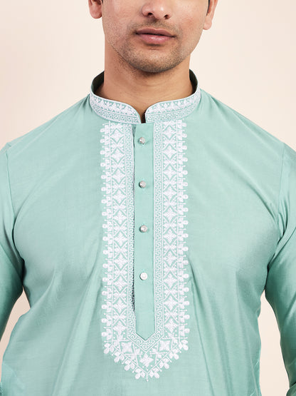 Sea Green Yoke Chikankari Men's Kurta