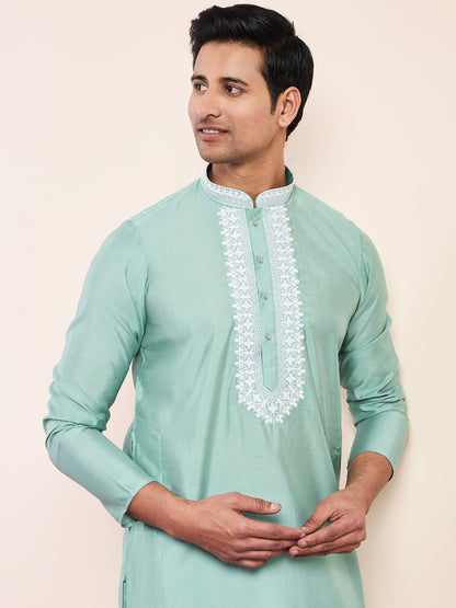 Sea Green Yoke Chikankari Men's Kurta