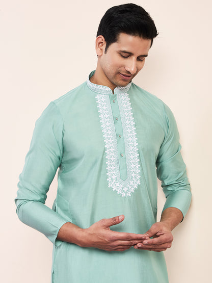 Sea Green Yoke Chikankari Men's Kurta