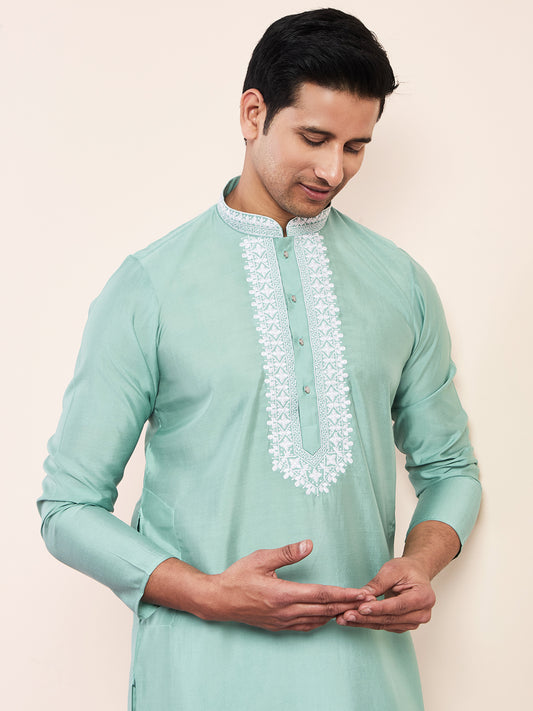 Sea Green Yoke Chikankari Men's Kurta