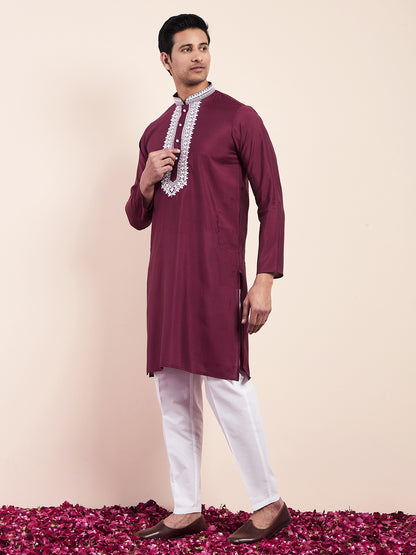 Deep Maroon Yoke Chikankari Men's Kurta