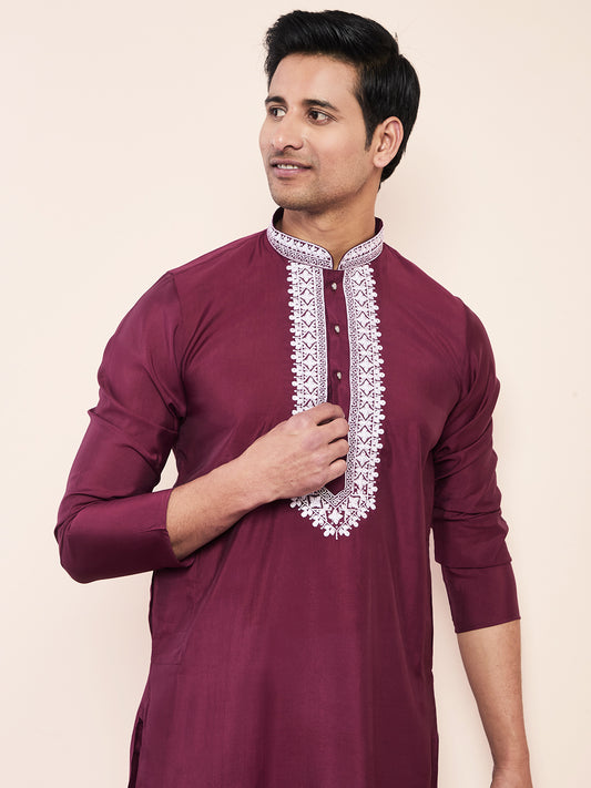 Deep Maroon Yoke Chikankari Men's Kurta