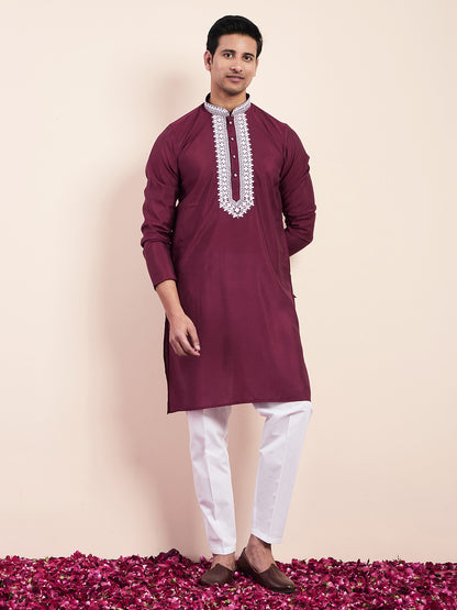 Deep Maroon Yoke Chikankari Men's Kurta
