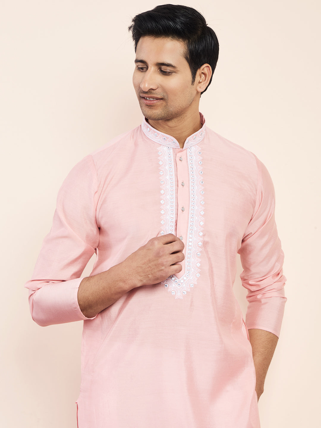 Light Pink Yoke Chikankari Men's Kurta