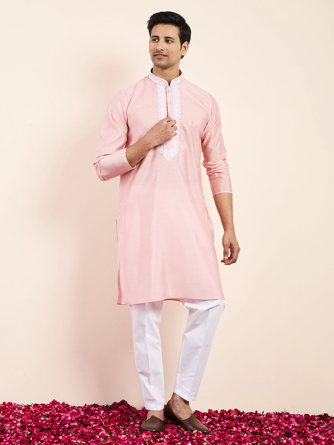 Light Pink Yoke Chikankari Men's Kurta